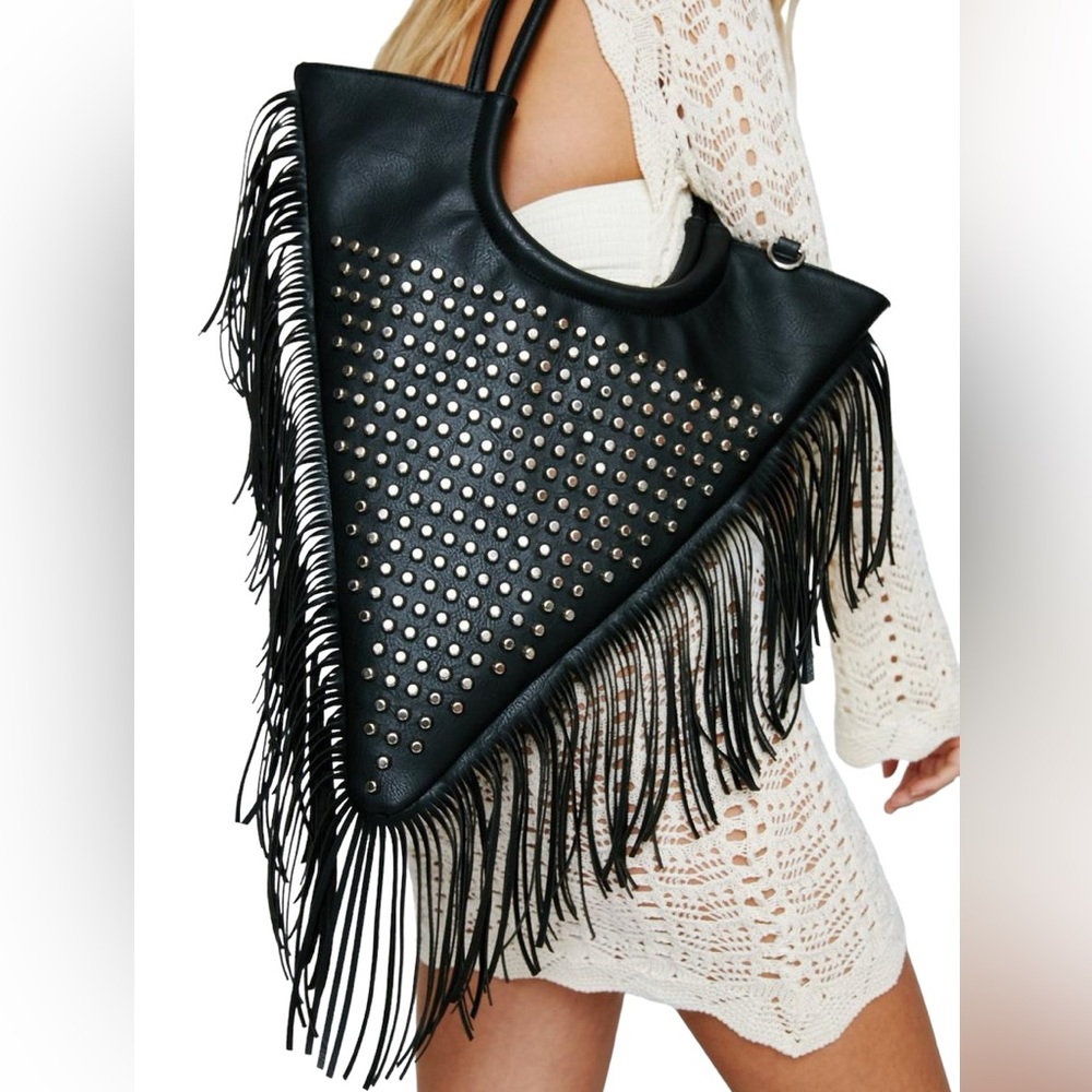 Nasty Gal Studded Black Faux Leather Tassel Trim Triangle Bag NWT